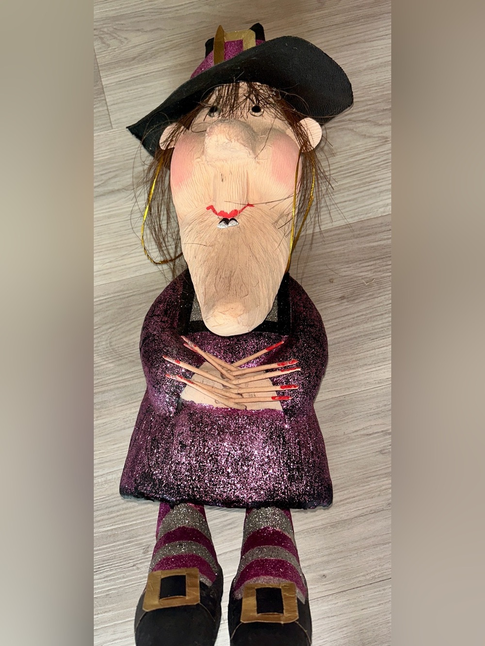 Halloween Glitter Witch Vintage Purple Decorative Folk Art Doll Figurine